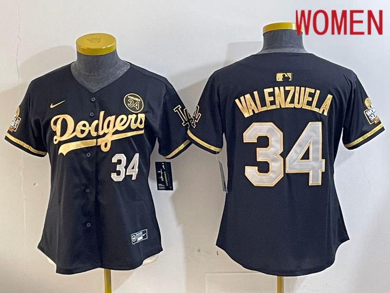 Women Los Angeles Dodgers 34 Valenzuela Black Gold Fashion Nike 2024 MLB Jersey style 1120
